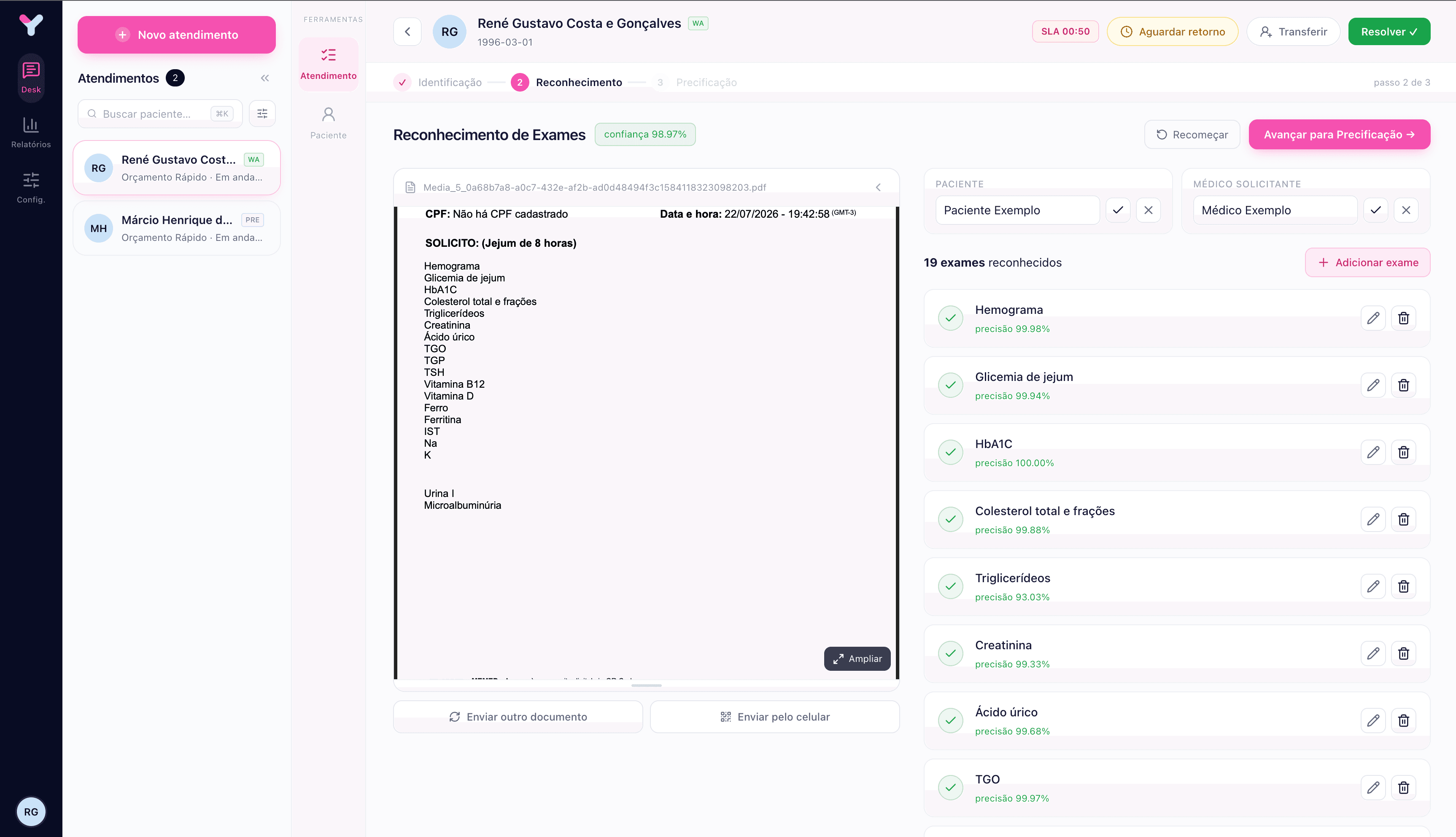 A IA lê a guia médica via OCR e reconhece automaticamente os exames solicitados, com nível de confiança por item antes da validação do colaborador.